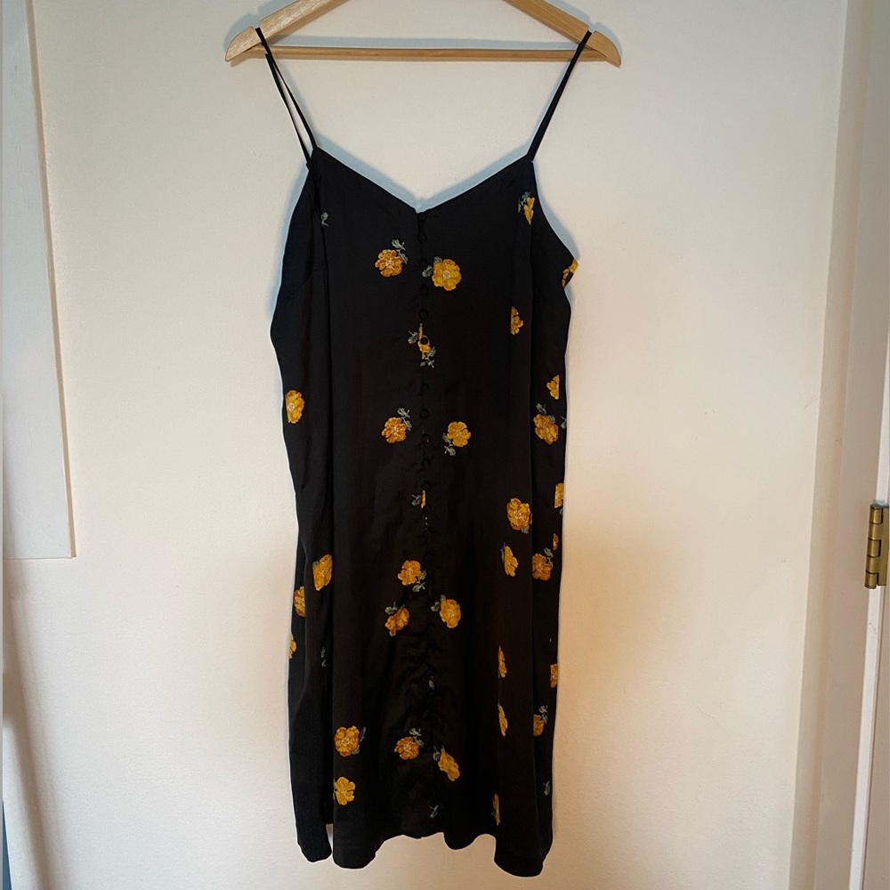 Madewell Black Slip Dress with Yellow Floral Accents